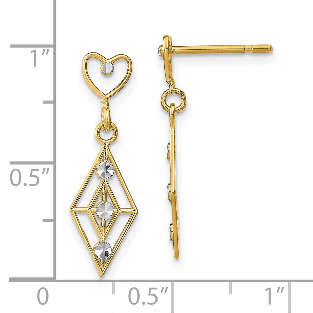 14k Yellow & Rhodium 7.5 mm w/RH Dia.-cut Diamond Shape Heart Dangle Earrings (1.31 grams)