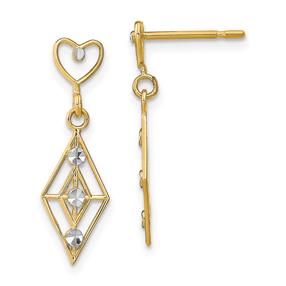 14k Yellow & Rhodium 7.5 mm w/RH Dia.-cut Diamond Shape Heart Dangle Earrings (1.31 grams)