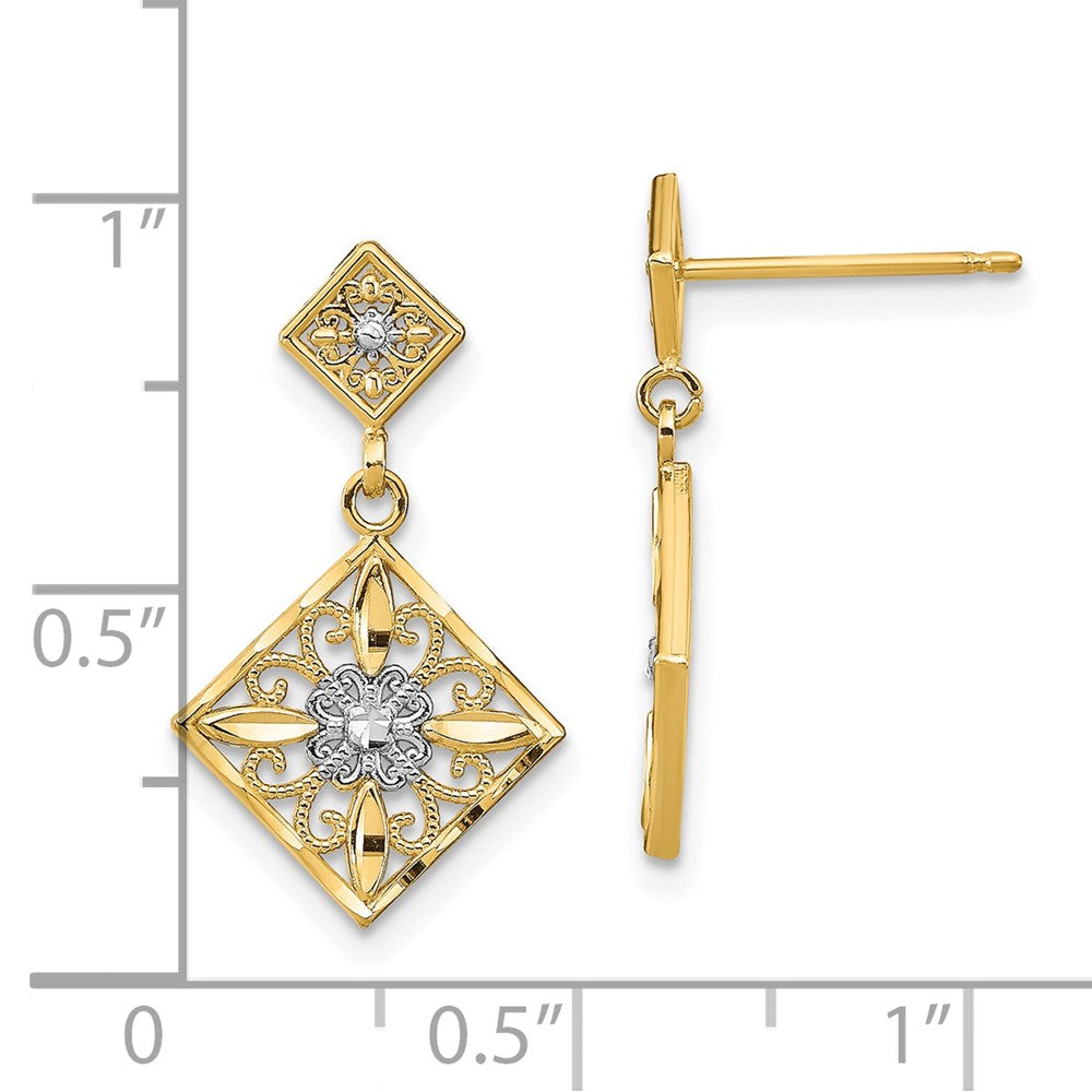 14k Yellow & Rhodium 13 mm  D/C Square Filigree Dangle Earrings (1.58 grams)