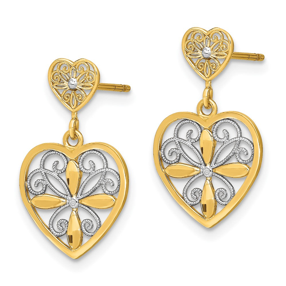 14k Yellow & Rhodium 11 mm w/RH Flower and Heart Beaded Filigree Dangle Earrings (1.36 grams)