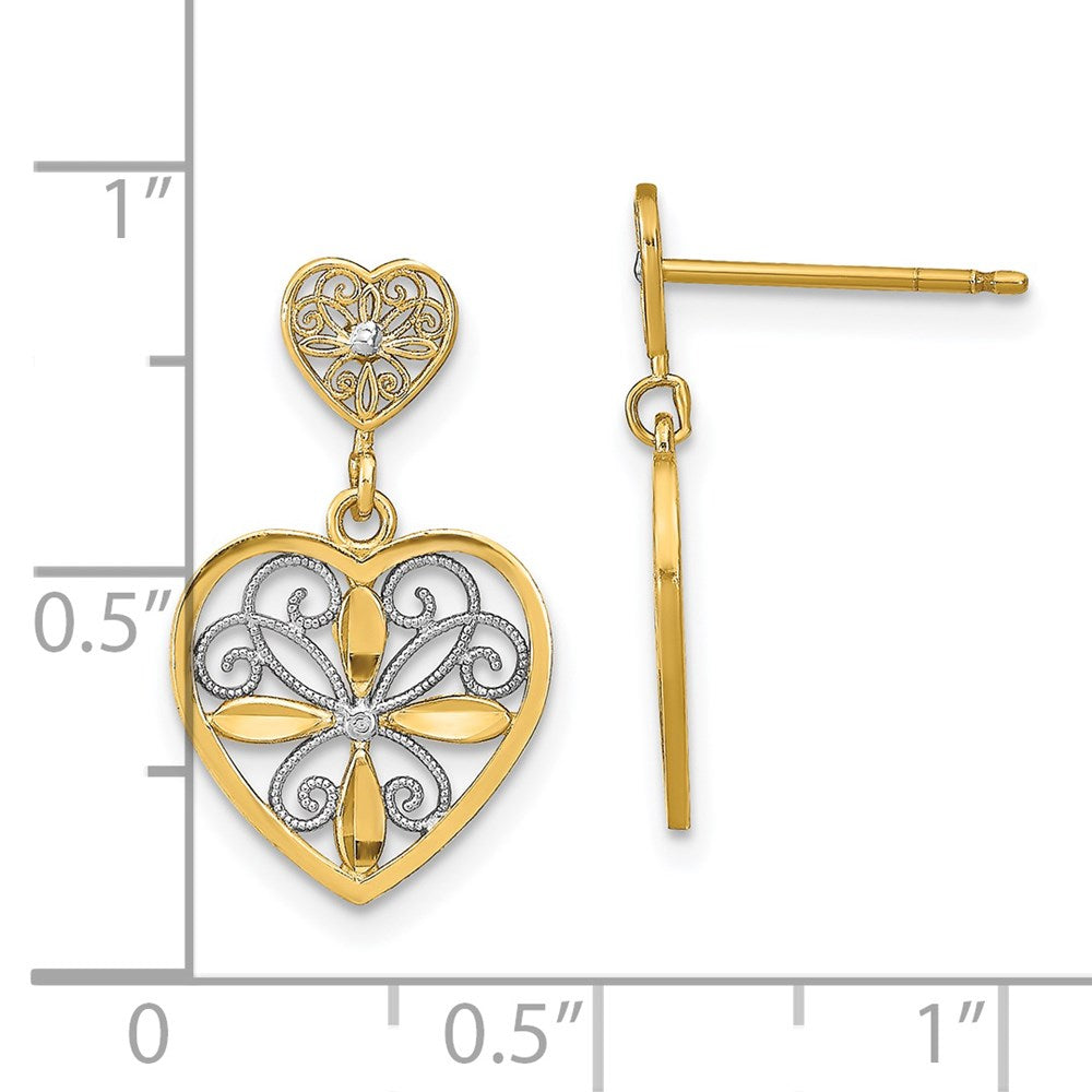 14k Yellow & Rhodium 11 mm w/RH Flower and Heart Beaded Filigree Dangle Earrings (1.36 grams)