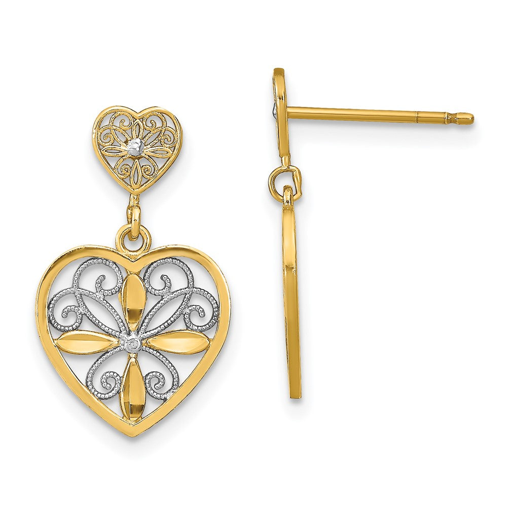 14k Yellow & Rhodium 11 mm w/RH Flower and Heart Beaded Filigree Dangle Earrings (1.36 grams)