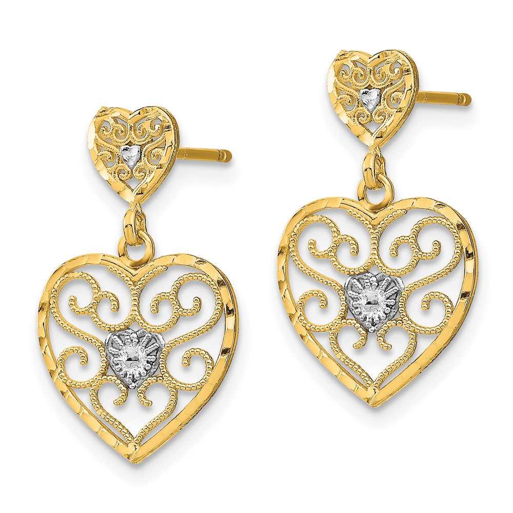 14k Yellow & Rhodium 12.85 mm w/ RH Heart Beaded Filigree Dangle Earrings (1.48 grams)