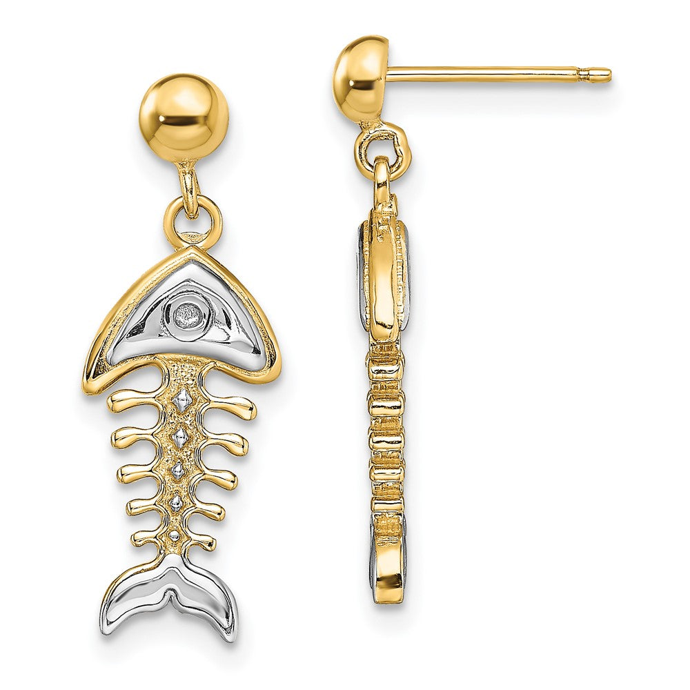 14k Yellow & Rhodium 8.7 mm  Fishbone Dangle Earrings (3.59 grams)