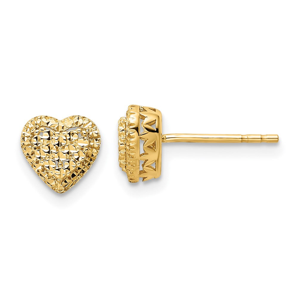 14k Yellow Gold 7.5 mm Polished Diamond-cut Heart Post Earrings (1.59 grams)