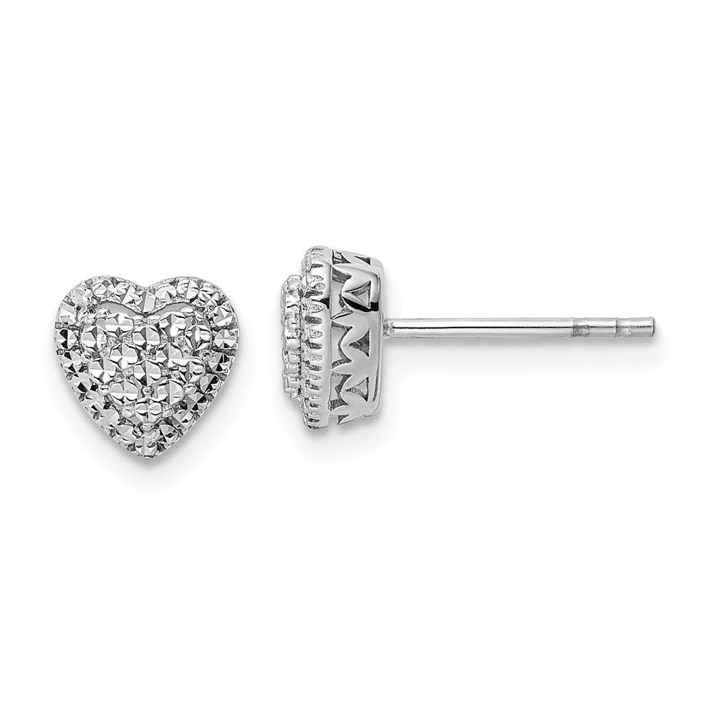 14k White Gold 7.5 mm White Polished Diamond-cut Heart Post Earrings (1.56 grams)