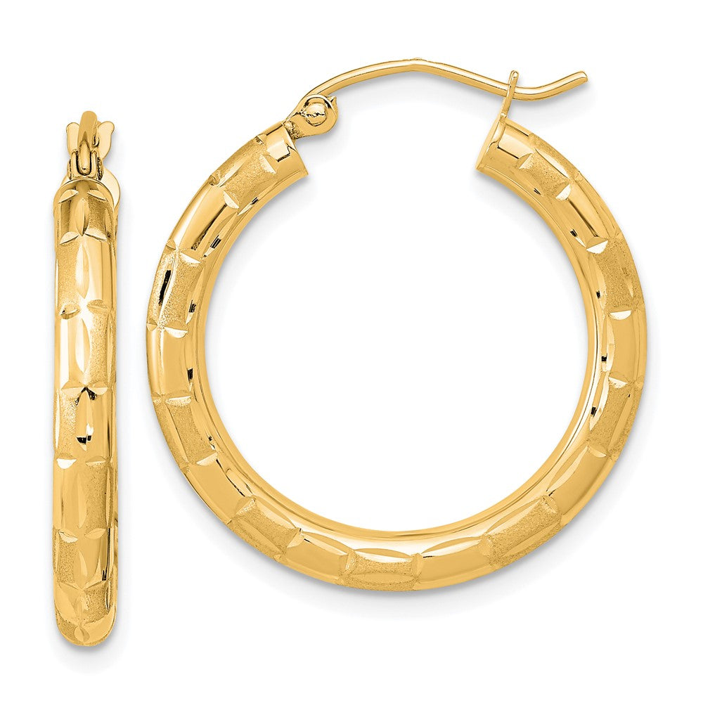 14k Yellow Gold 24.68 mm Polished Satin and Diamond-cut Hoop Earrings