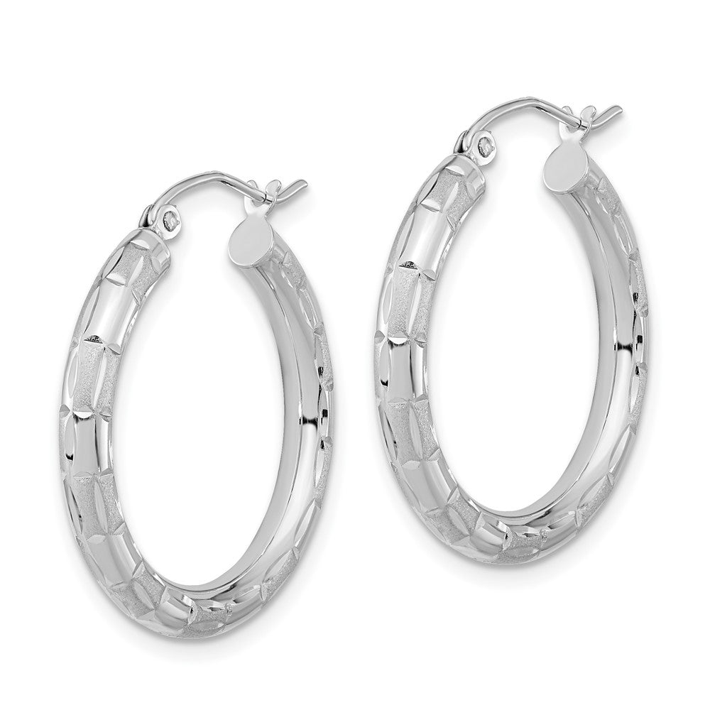 14k White Gold 24.68 mm Polished Satin and Diamond-cut Hoop Earrings