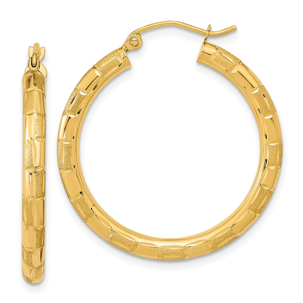 14k Yellow Gold 30.41 mm Polished Satin and Diamond-cut Hoop Earrings