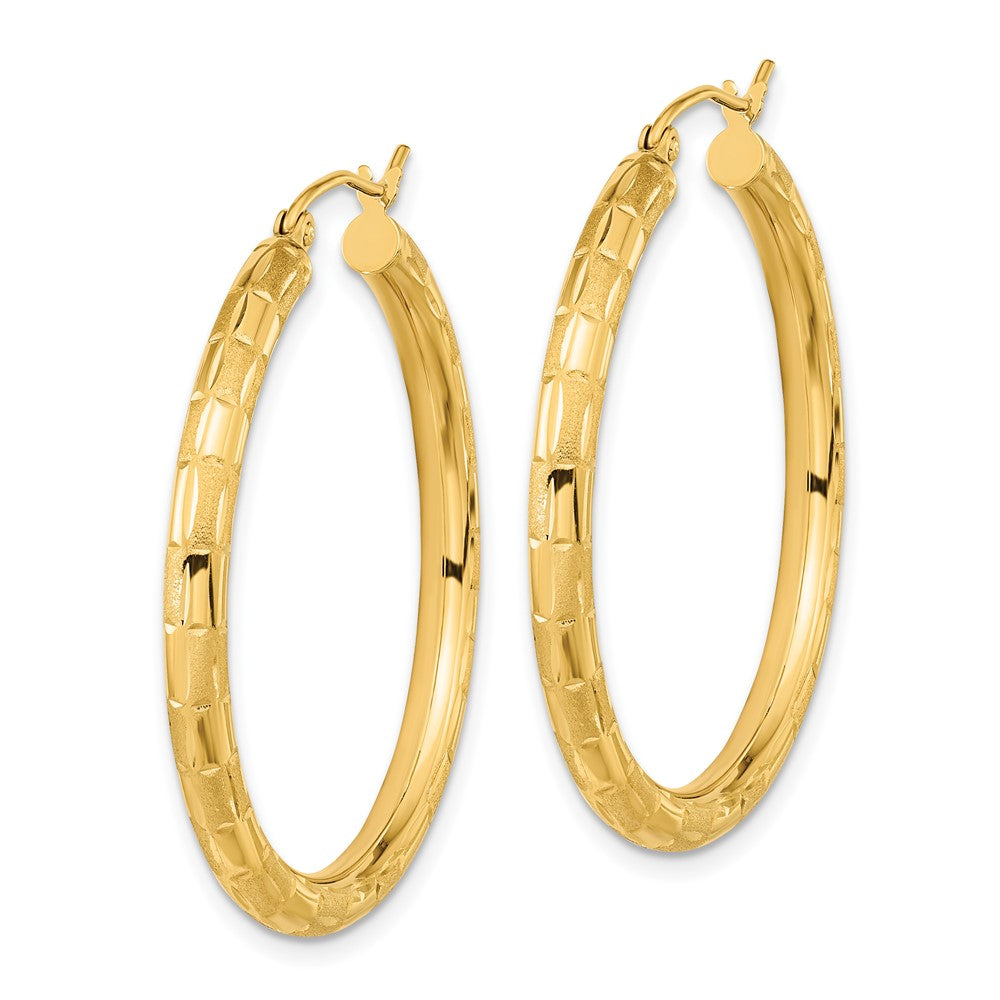 14k Yellow Gold 34.91 mm Polished Satin and Diamond-cut Hoop Earrings