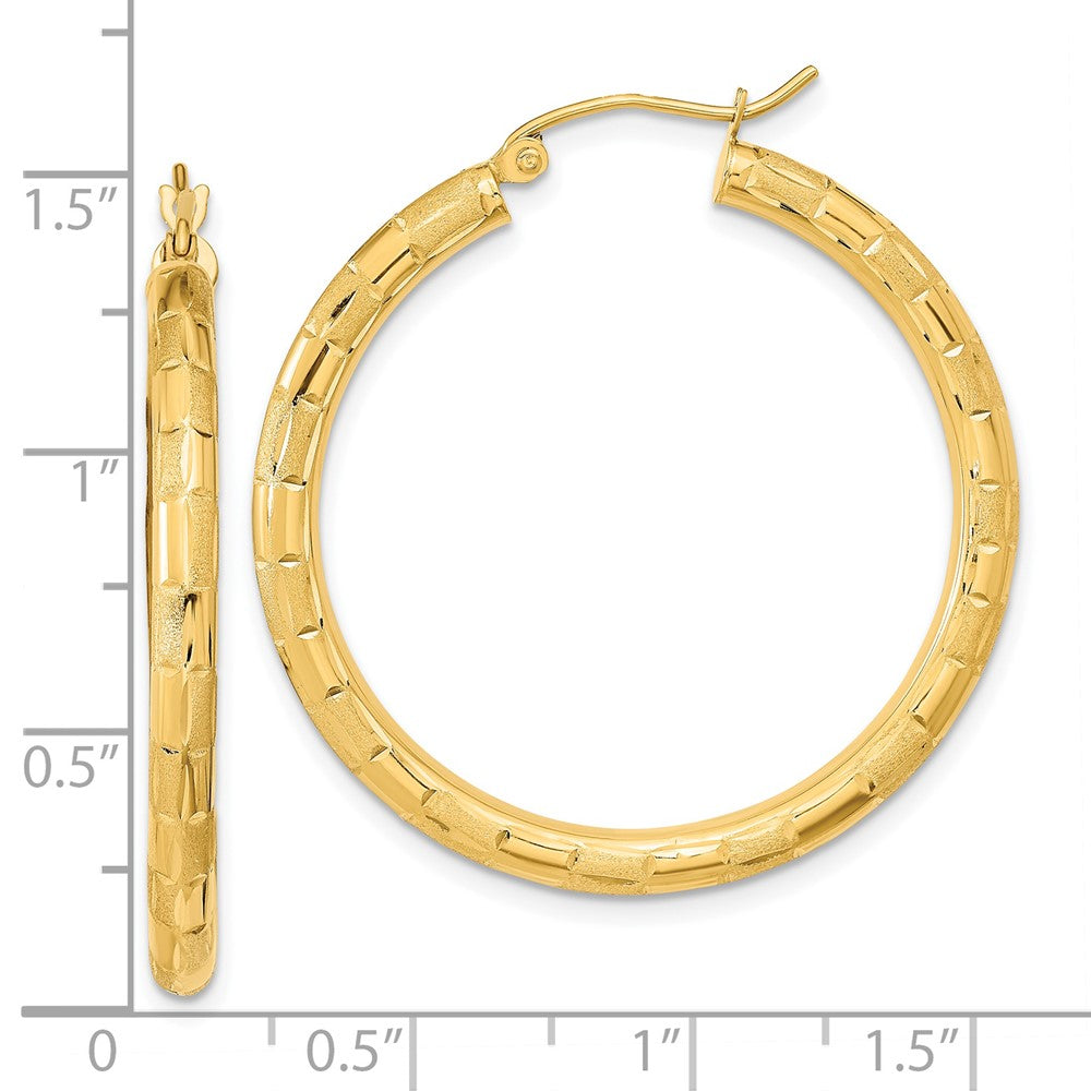 14k Yellow Gold 34.91 mm Polished Satin and Diamond-cut Hoop Earrings