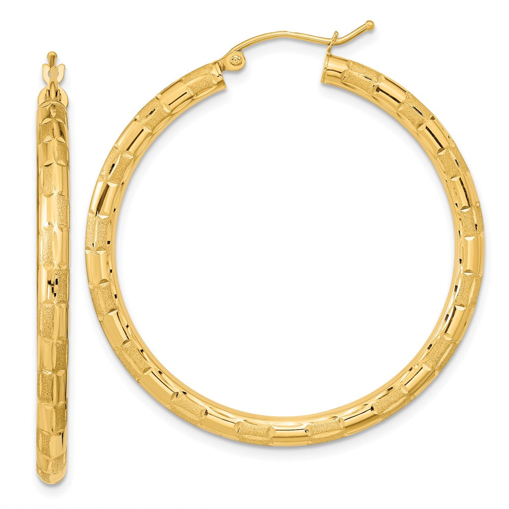 14k Yellow Gold 40.63 mm Polished Satin and Diamond-cut Hoop Earrings