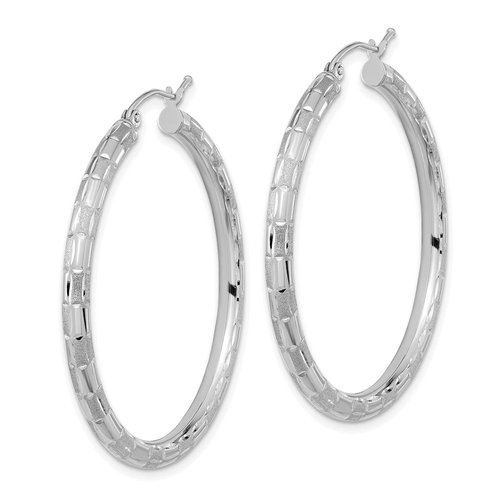 14k White Gold 40.63 mm Polished Satin and Diamond-cut Hoop Earrings