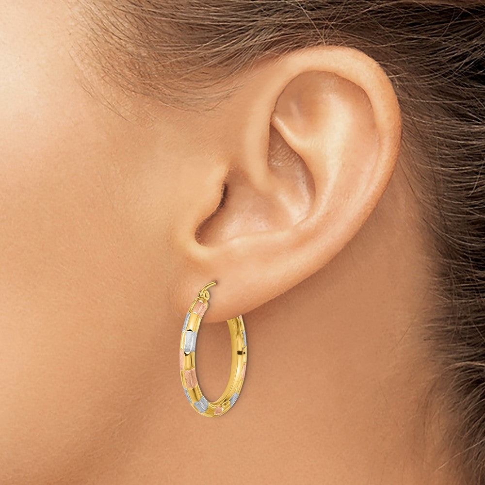 14k Yellow & Rhodium 24.86 mm  Polished Satin Diamond-cut Hoop Earrings