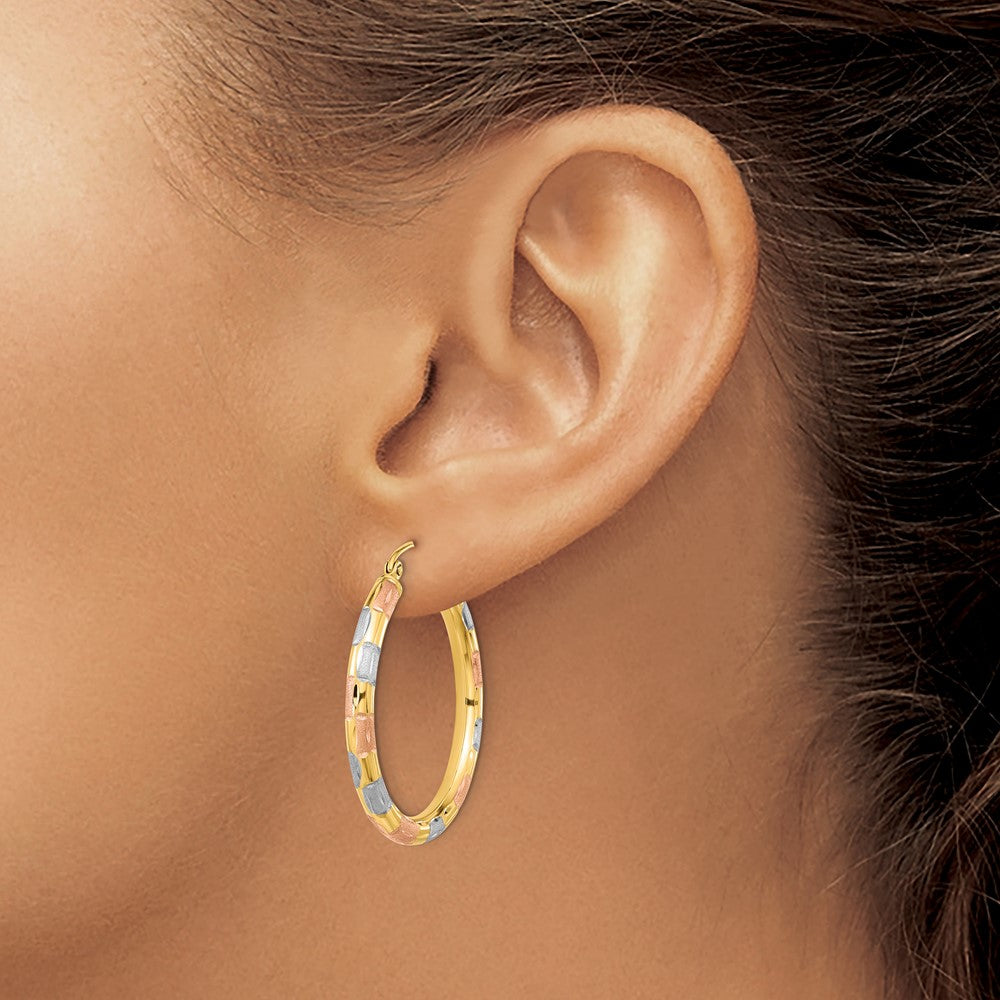 14k Yellow & Rhodium 30.96 mm  Polished Satin Diamond-cut Hoop Earrings