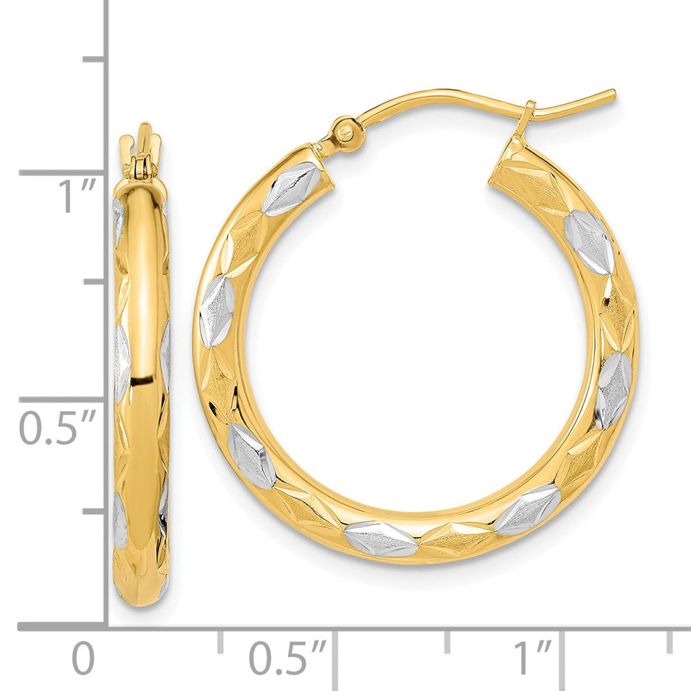 14k Yellow & Rhodium 24.93 mm  Polished Satin and Diamond-cut Hoop Earrings