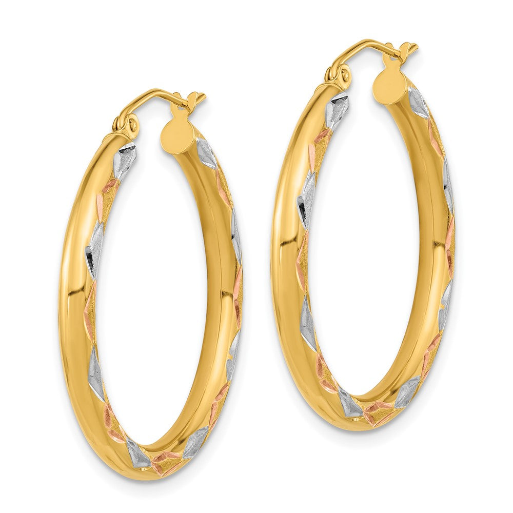 14k Yellow & Rhodium 30.05 mm  Polished Satin and Diamond-cut Hoop Earrings