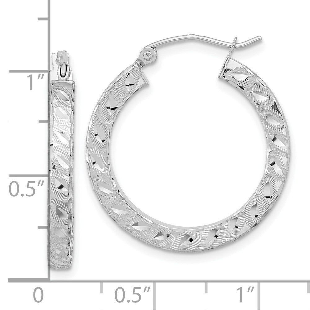 14k White Gold 24.63 mm Satin Diamond-cut Square Tube Hoop Earrings