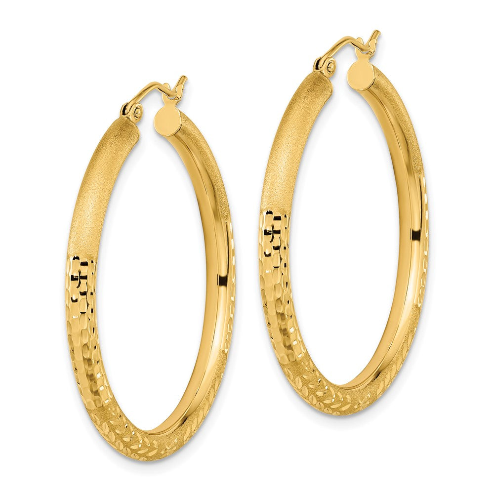 14k Yellow Gold 35.1 mm Polished Satin and Diamond-cut Hoop Earrings