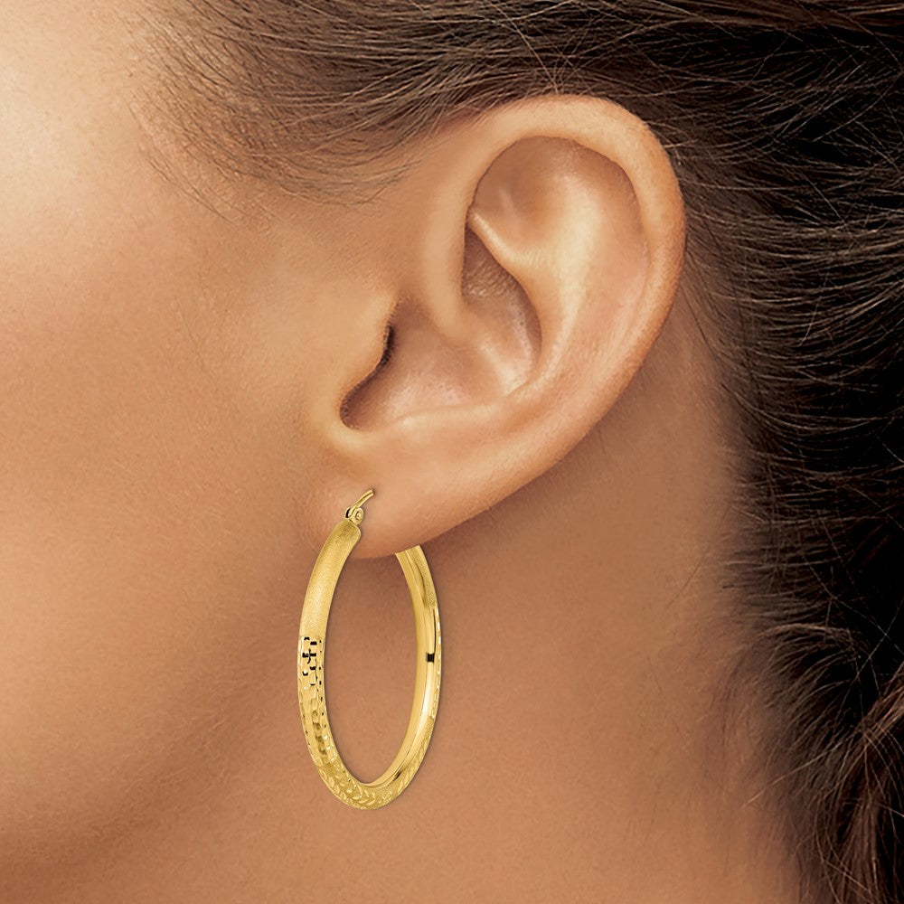 14k Yellow Gold 35.1 mm Polished Satin and Diamond-cut Hoop Earrings