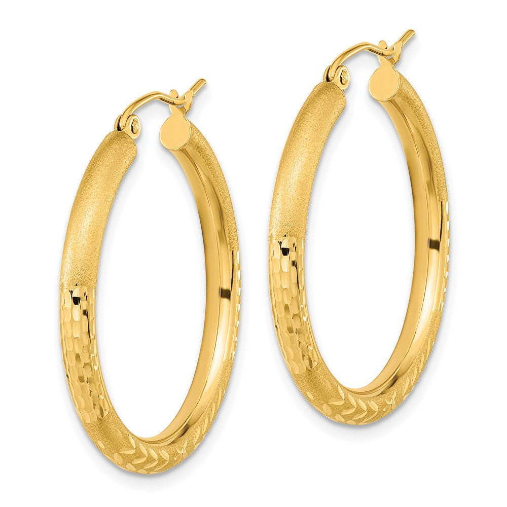 14k Yellow Gold 30.58 mm Polished Satin and Diamond-cut Hoop Earrings