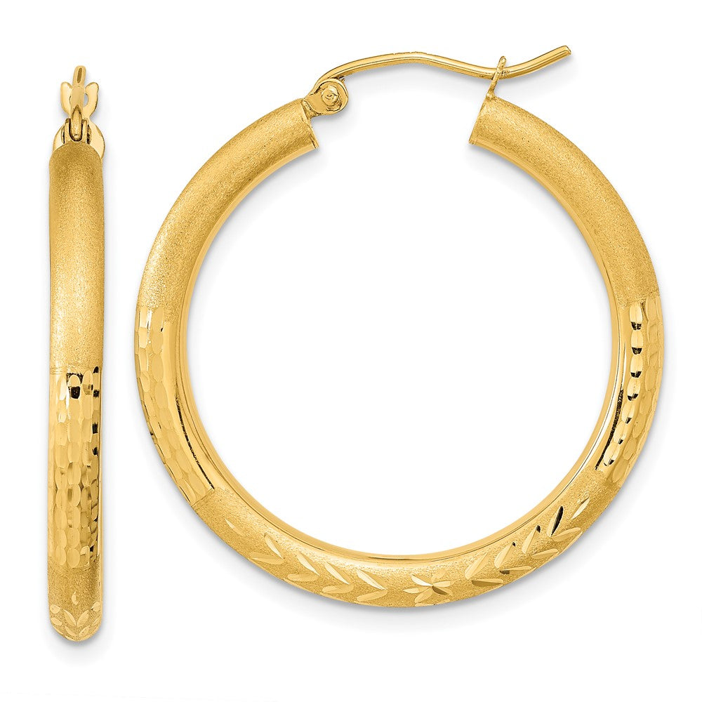 14k Yellow Gold 30.58 mm Polished Satin and Diamond-cut Hoop Earrings