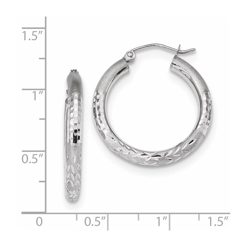 14k White Gold 24.81 mm Polished Satin and Diamond-cut Hoop Earrings