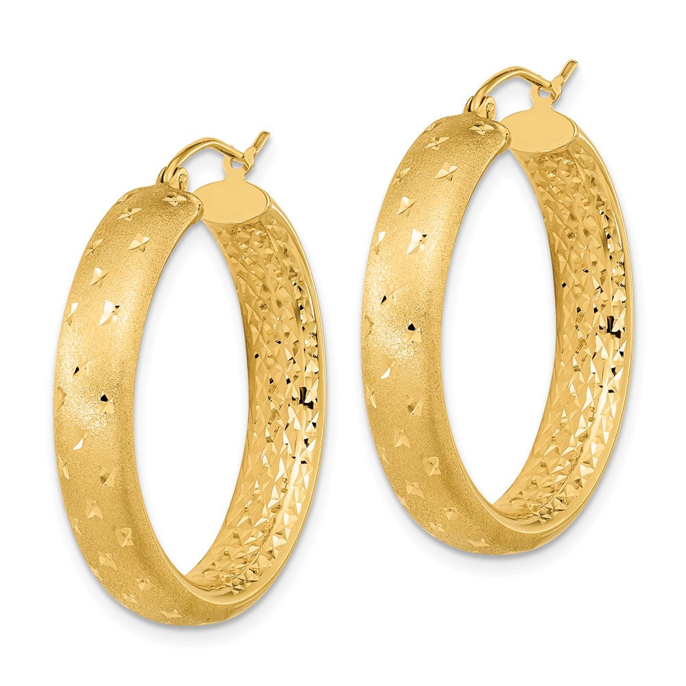 14k Yellow Gold 29.25 mm Polished Satin and Diamond-cut Hoop Earrings