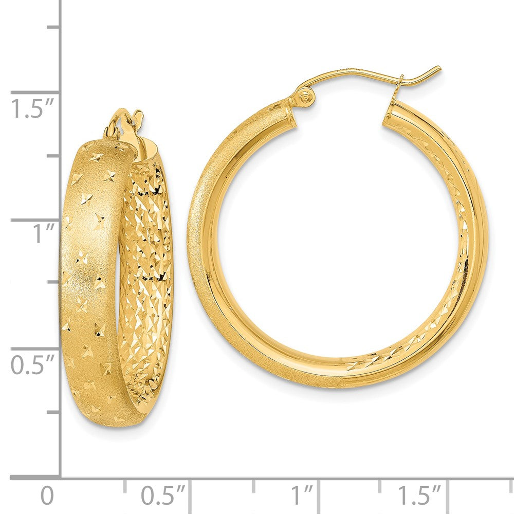 14k Yellow Gold 29.25 mm Polished Satin and Diamond-cut Hoop Earrings (3.73 grams)