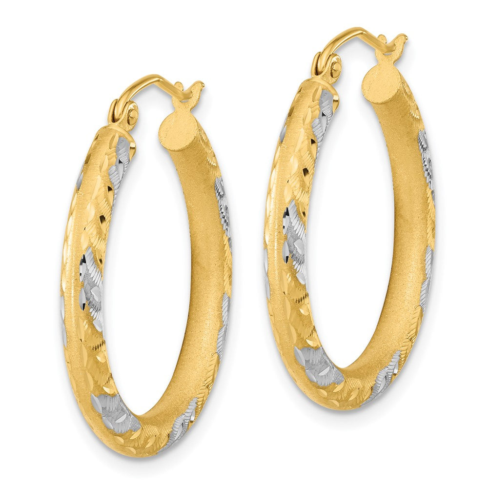 14k Yellow & Rhodium 25.02 mm  Diamond-cut Satin Hoop Earrings