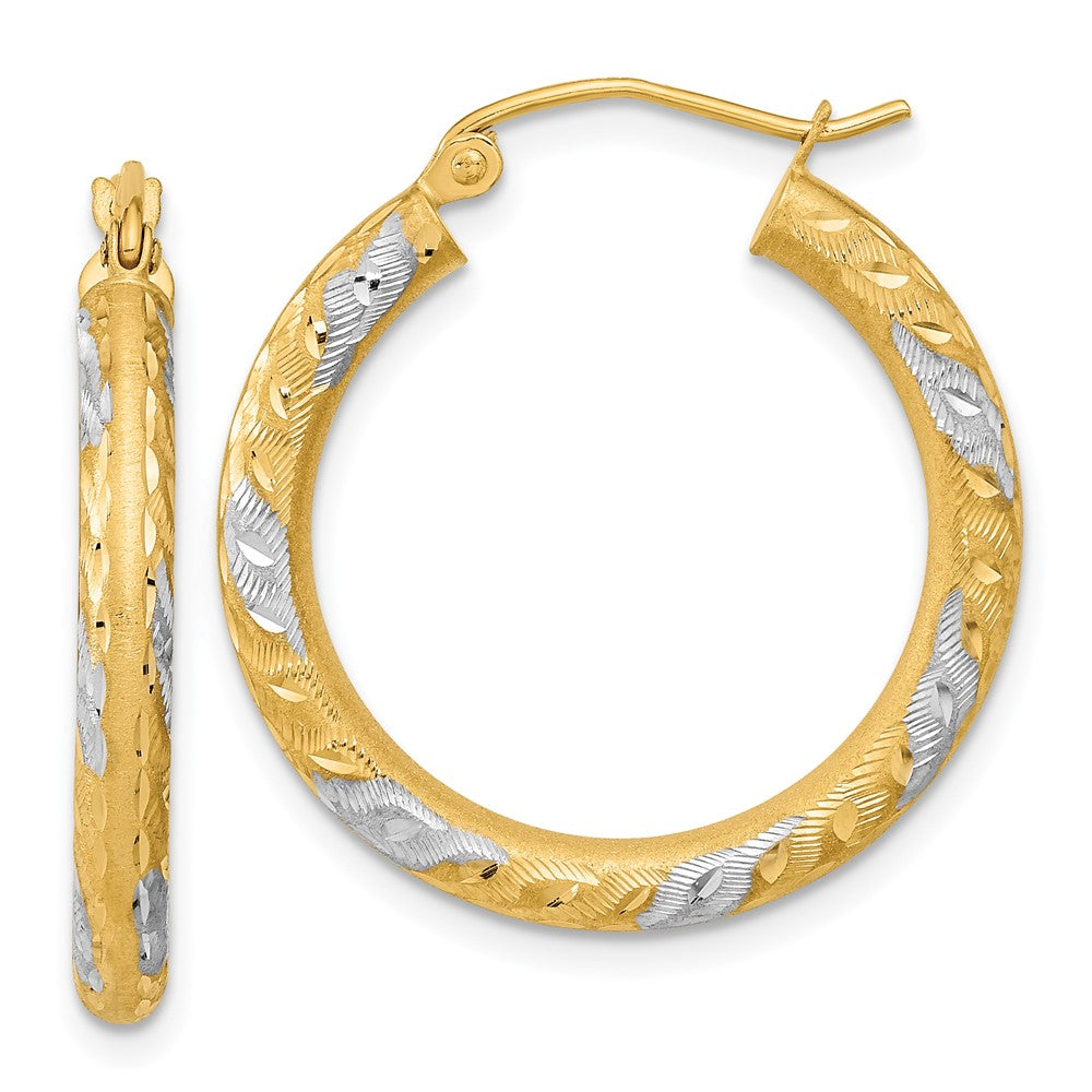 14k Yellow & Rhodium 25.02 mm  Diamond-cut Satin Hoop Earrings