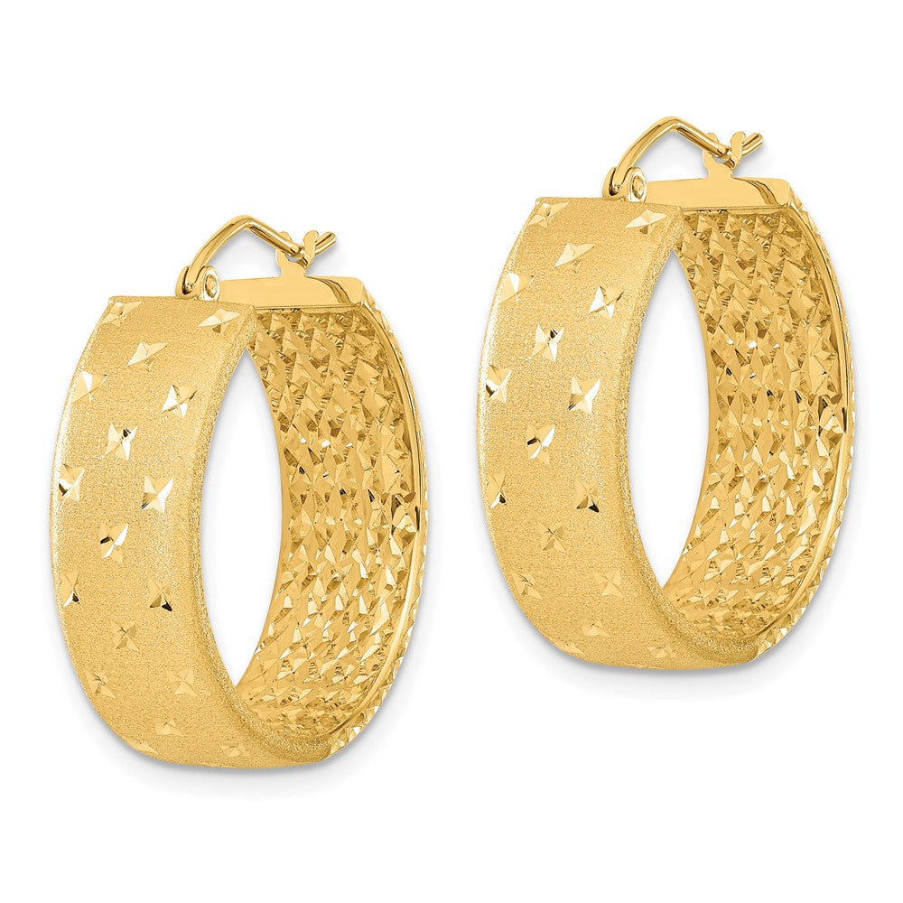 14k Yellow Gold 24.93 mm Polished Satin and Diamond-cut Hoop Earrings