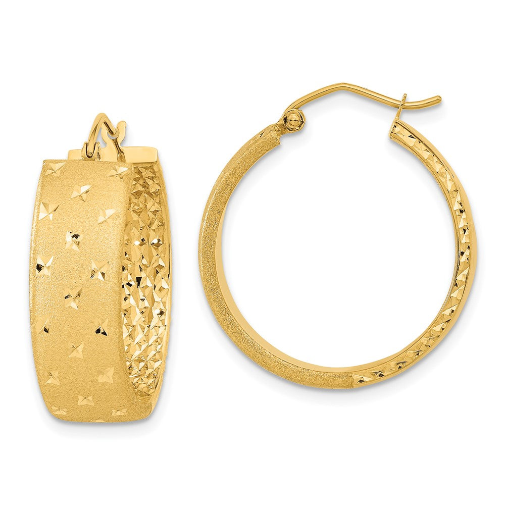 14k Yellow Gold 24.93 mm Polished Satin and Diamond-cut Hoop Earrings