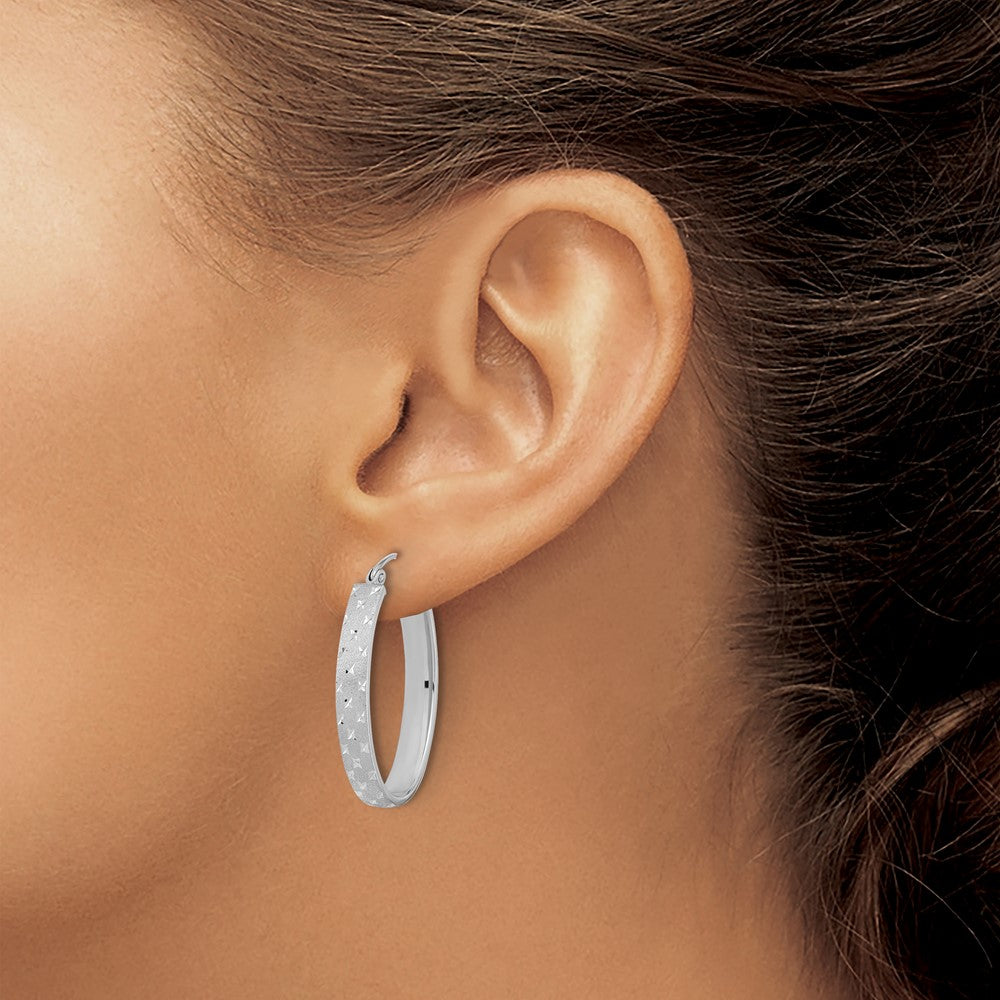 14k White Gold 20.84 mm Polished Satin Diamond-cut Hoop Earrings