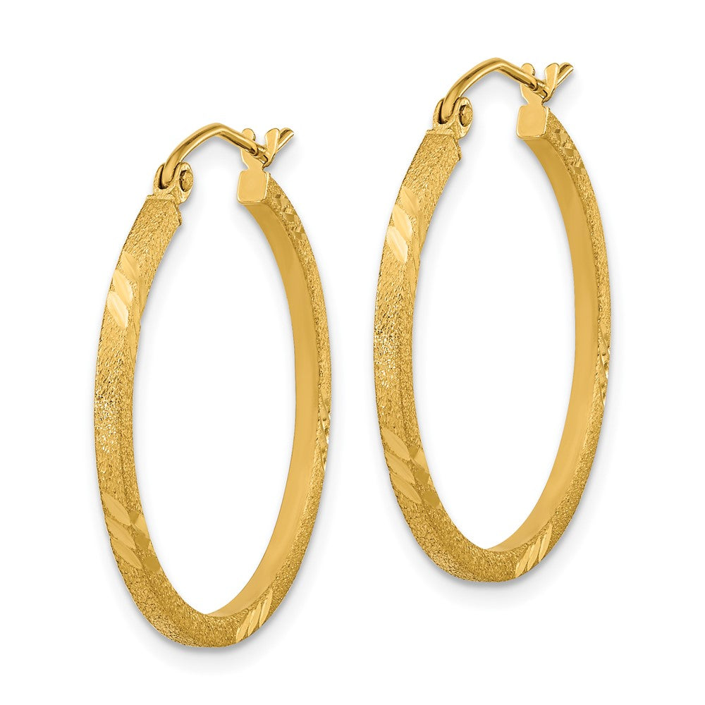 14k Yellow Gold 25.01 mm Satin Diamond-cut Square Tube Hoop Earrings