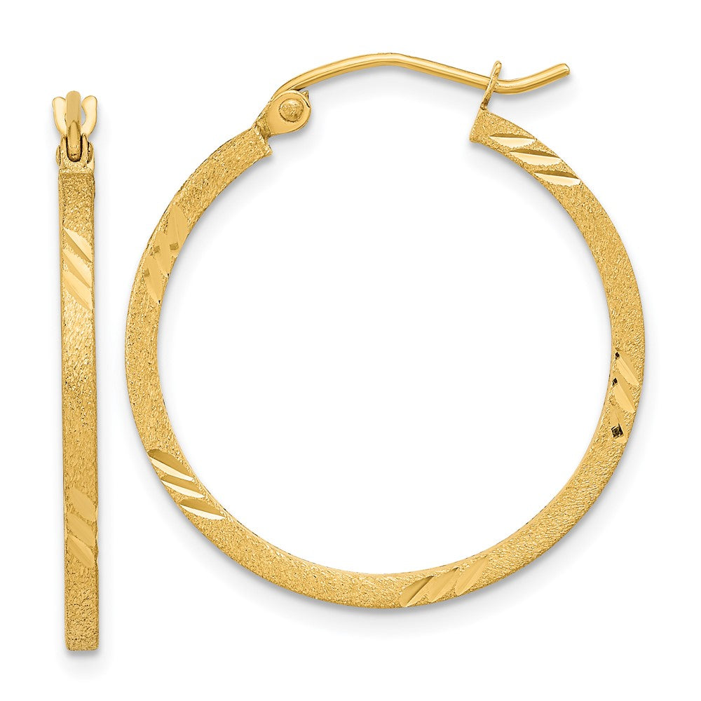 14k Yellow Gold 25.01 mm Satin Diamond-cut Square Tube Hoop Earrings