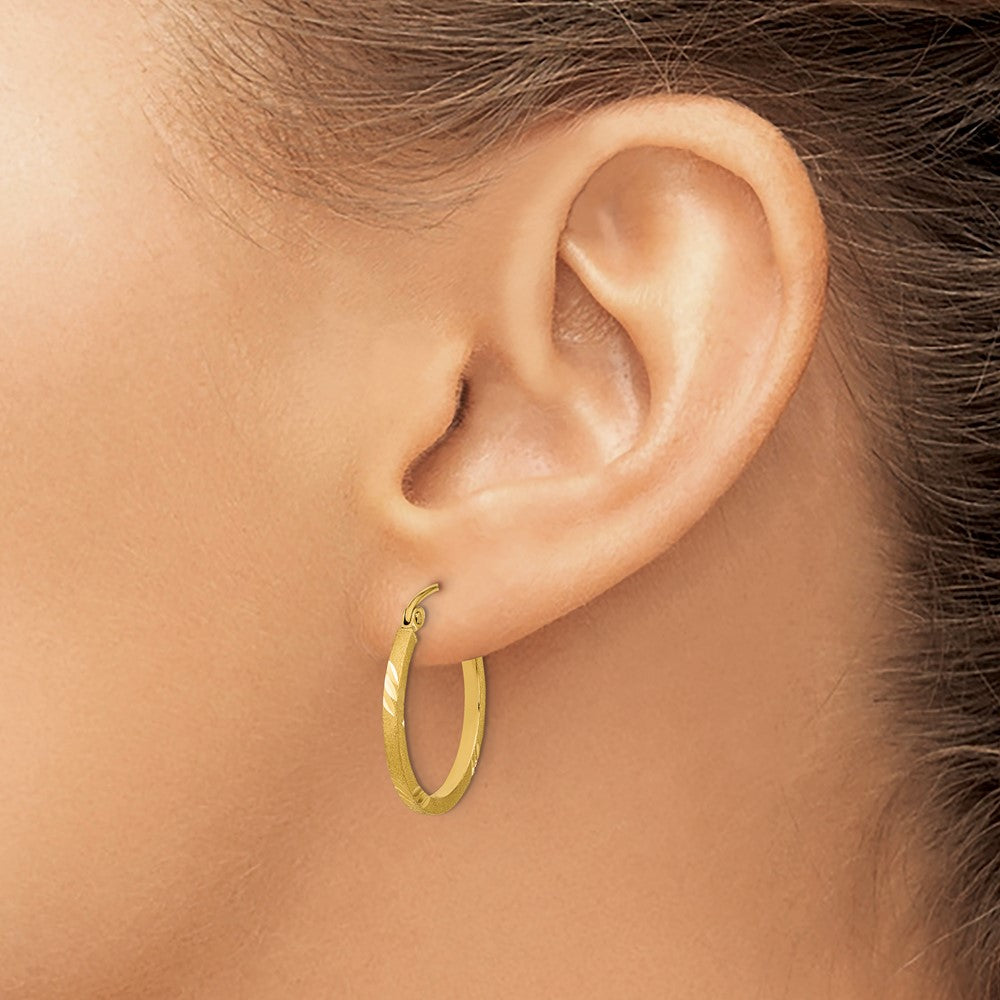 14k Yellow Gold 20.02 mm Satin Diamond-cut Square Tube Hoop Earrings
