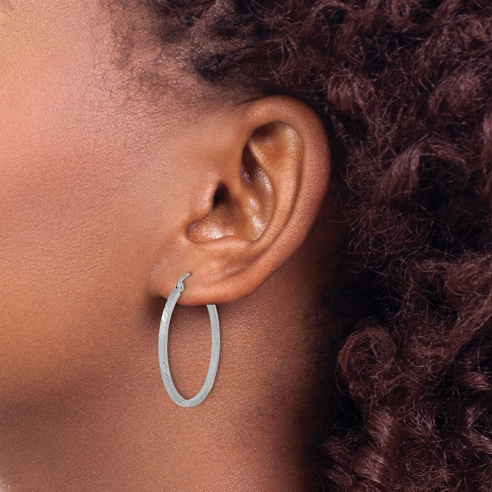 14k White Gold 29.7 mm Satin Diamond-cut Square Tube Hoop Earrings