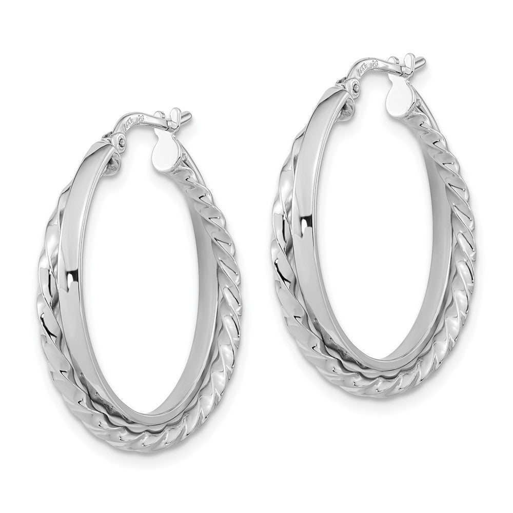 14k White Gold 34.5 mm  Polished and Textured Hinged Hoop Earrings (2.5 grams)