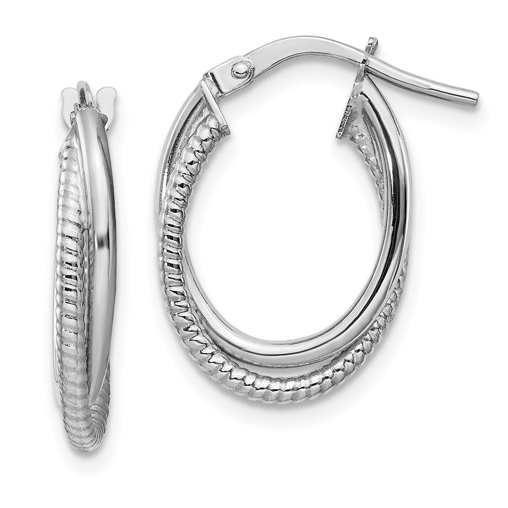 14k White Gold 13.25 mm Polished and Textured Double Oval Hoops (1.33 grams)