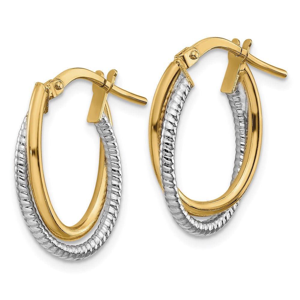 14k Two-tone 13.25 mm Two-Tone Polished Textured Double Oval Hoops (1.28 grams)