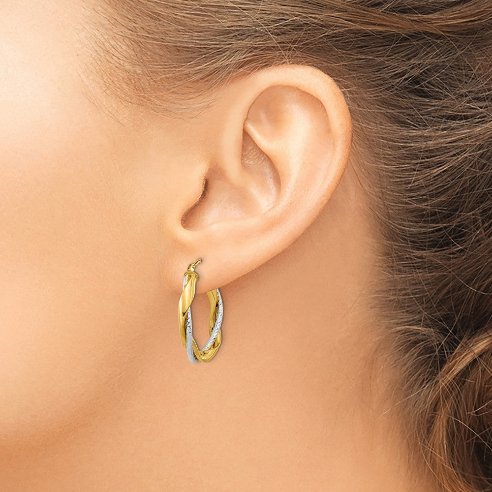 14k Two-tone 19.7 mm Polished Rope Twisted Oval Hoop Earrings (1.97 grams)