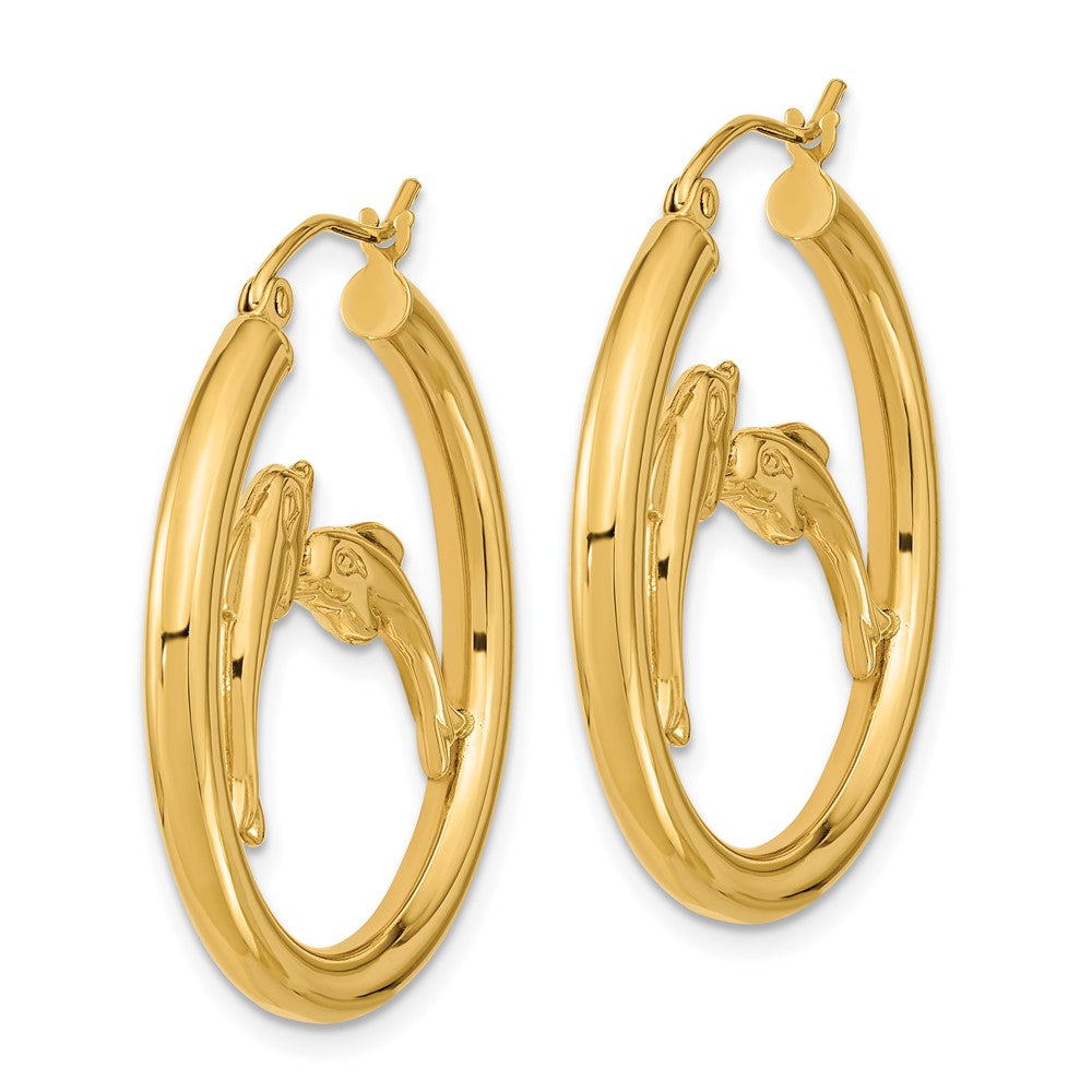 14k Yellow Gold 30.4 mm Polished Dolphins Hoop Earrings (3 grams)
