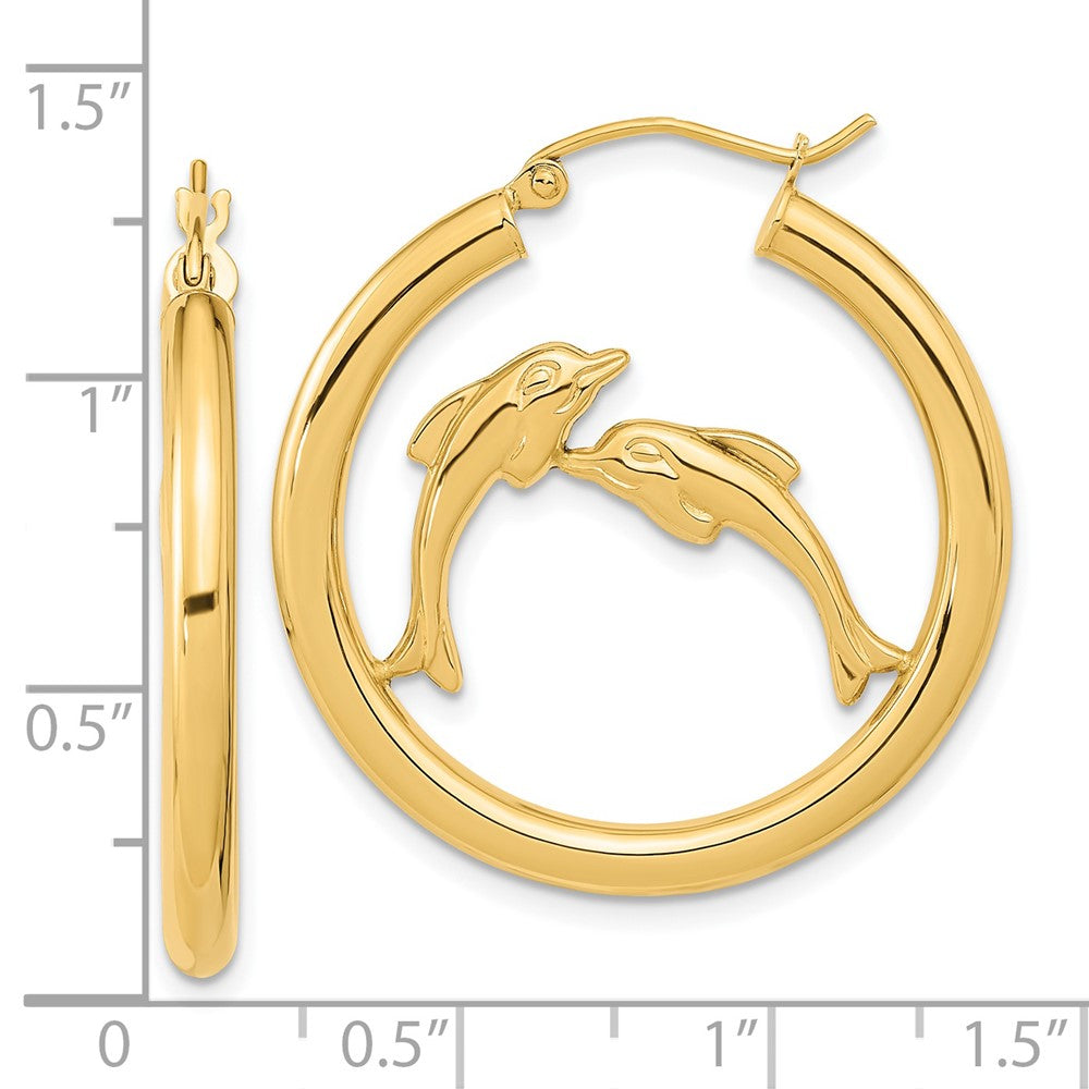 14k Yellow Gold 30.4 mm Polished Dolphins Hoop Earrings (3 grams)