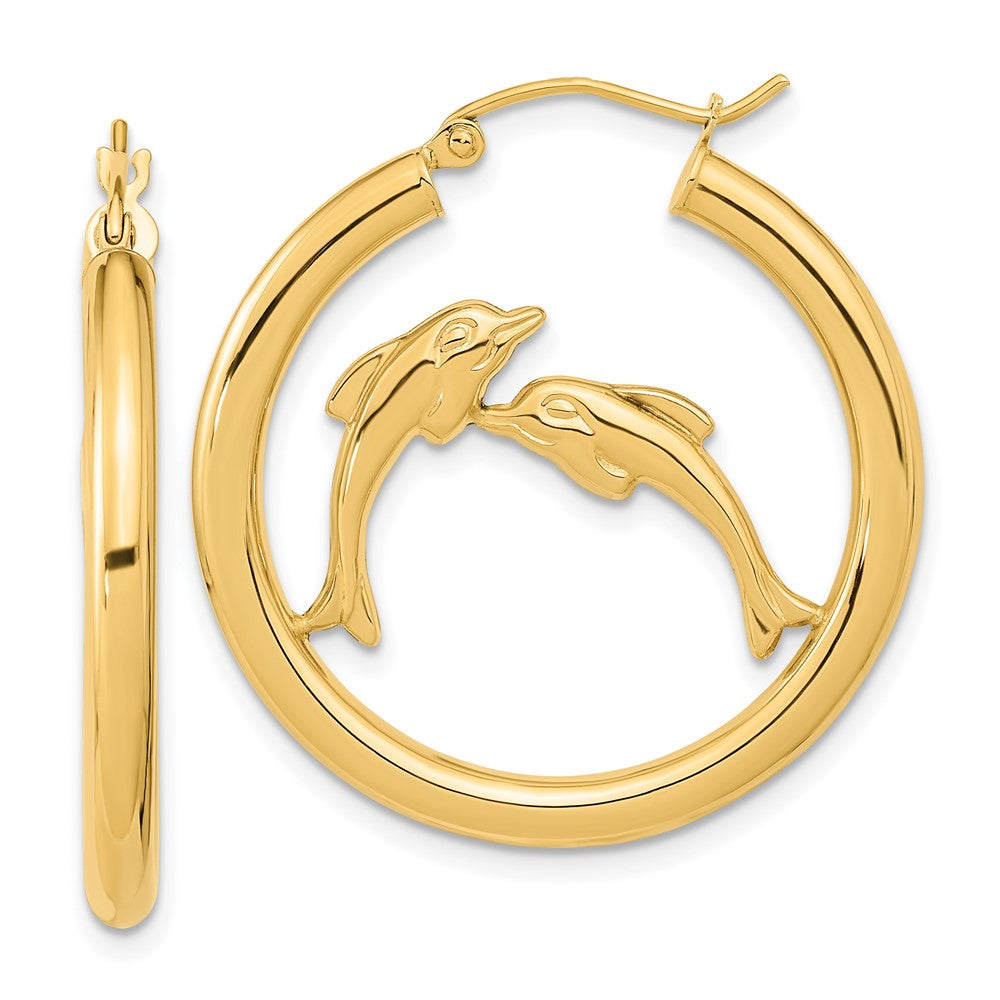 14k Yellow Gold 30.4 mm Polished Dolphins Hoop Earrings (3 grams)