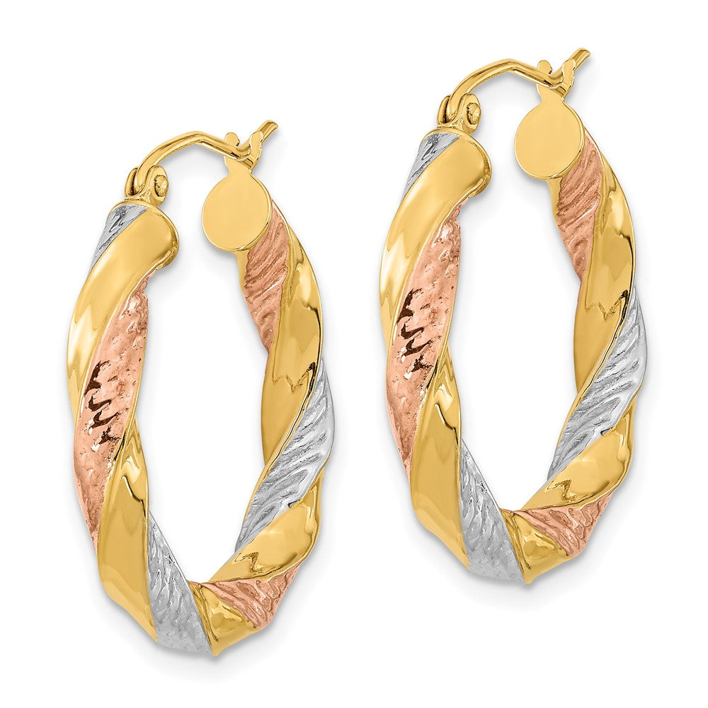 14k Yellow & Rhodium 24.8 mm Tri-color Polished & D/C Twist Hoop Earrings (2.65 grams)