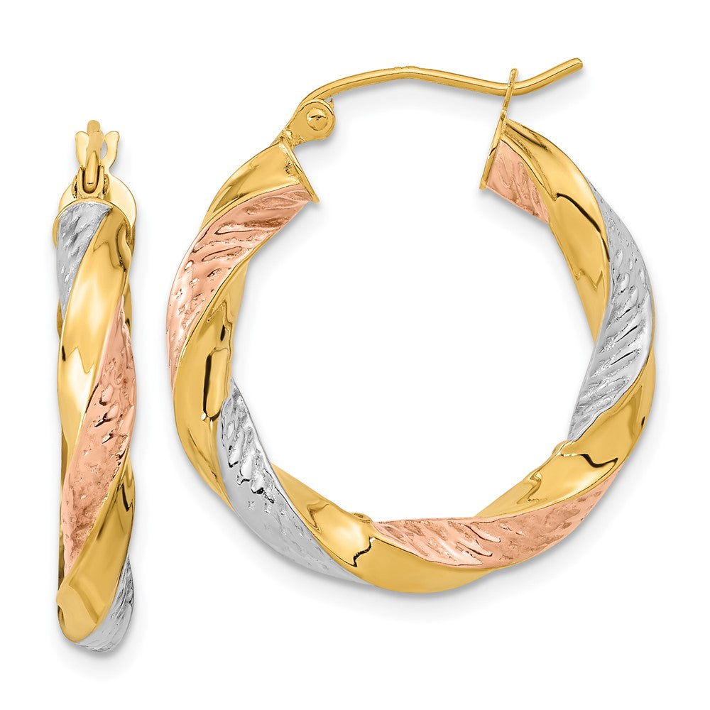 14k Yellow & Rhodium 24.8 mm Tri-color Polished & D/C Twist Hoop Earrings (2.65 grams)