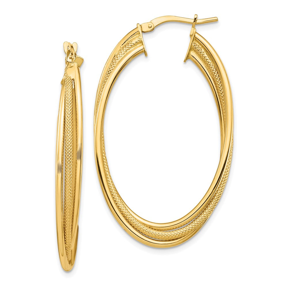 14k Yellow Gold 25.9 mm Polished and Textured Twisted Fancy Oval Hoop Earrings (4.12 grams)
