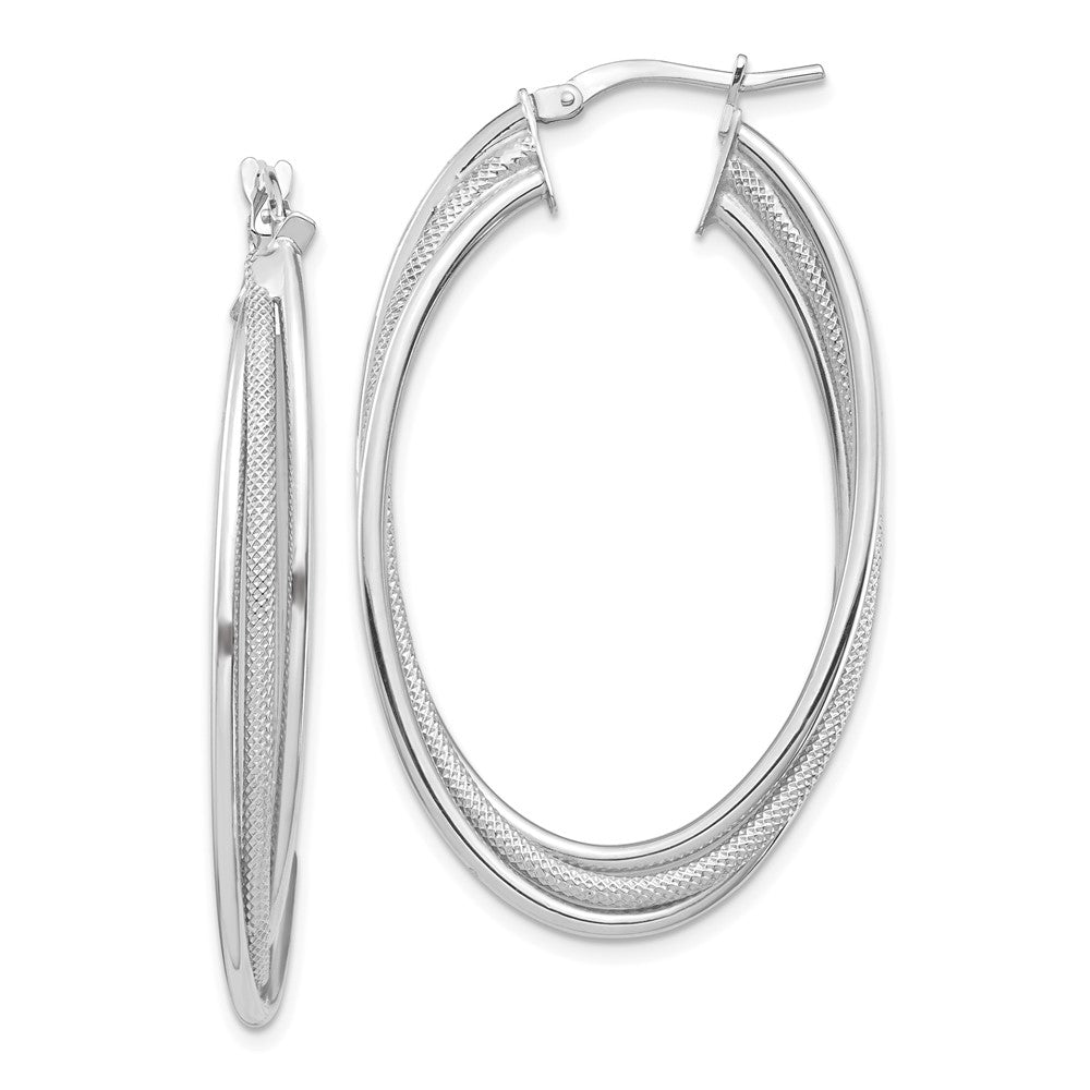 14k White Gold 25.9 mm Polished and Textured Twisted Fancy Oval Hoop Earrings (4.1 grams)