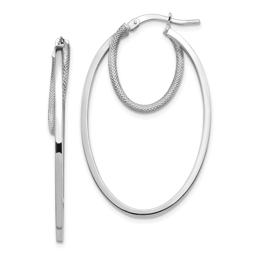 14k White Gold 25.66 mm Polished & Textured Double Oval Hoop Earrings (2.31 grams)